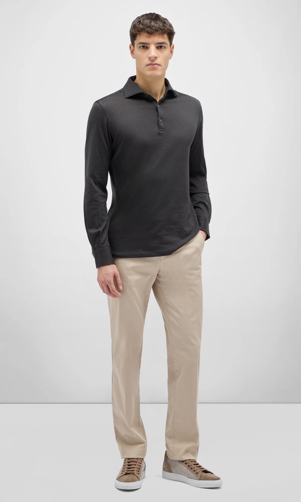 3 Button Polo Shirt With Long Sleeves In Cotton Jersey And Cashmere