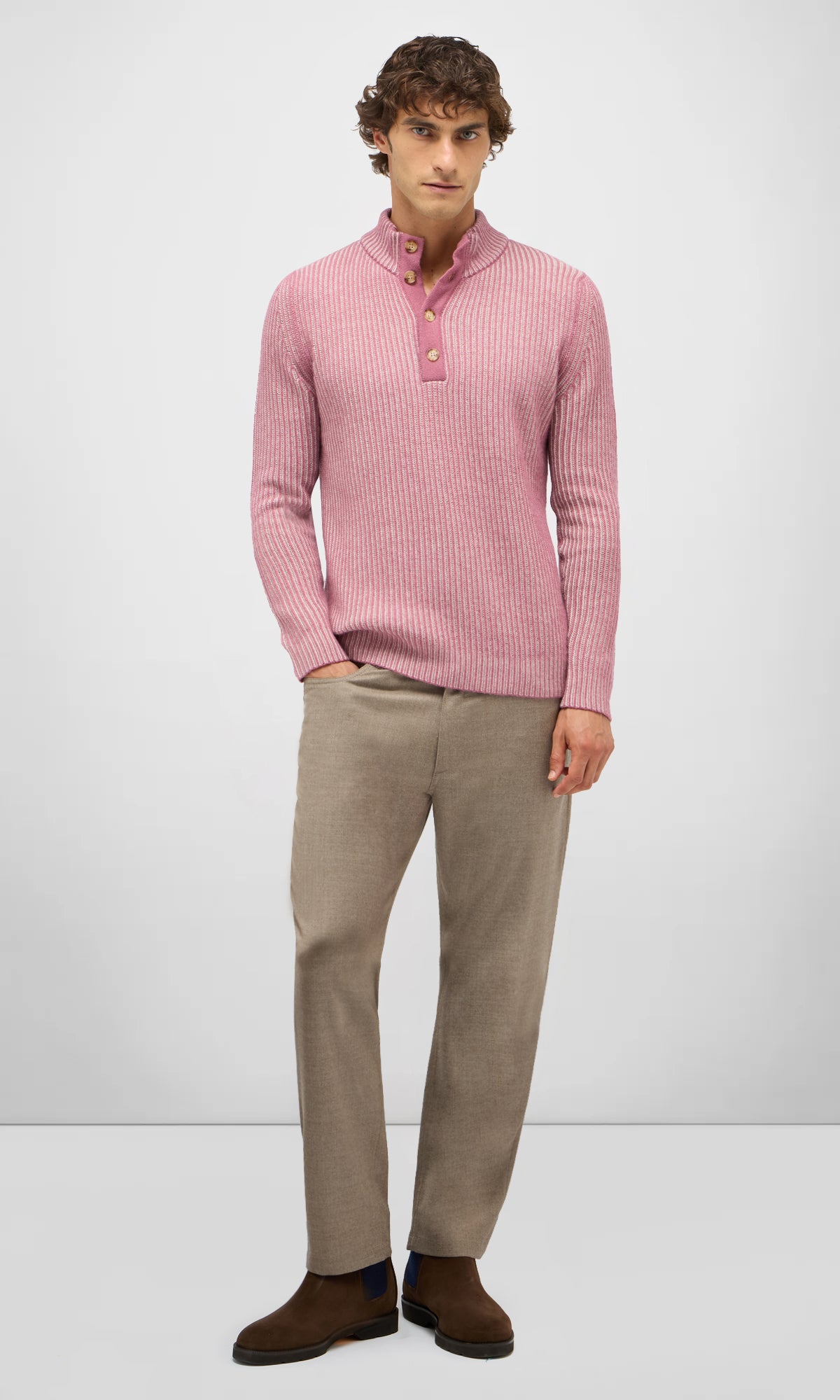 4-Button Mock Neck Sweater in Vanisé Stitch Cashmere and Wool
