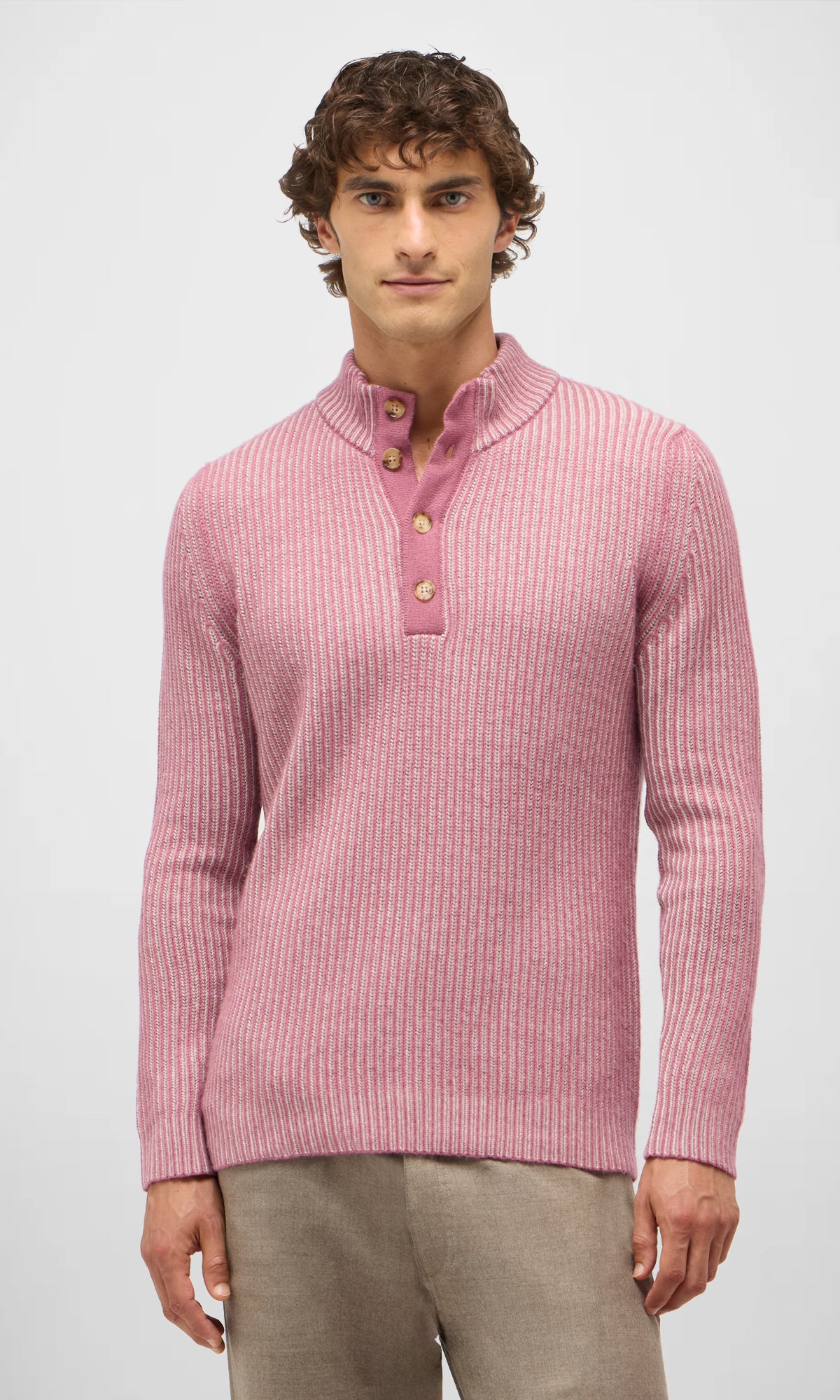 4-Button Mock Neck Sweater in Vanisé Stitch Cashmere and Wool